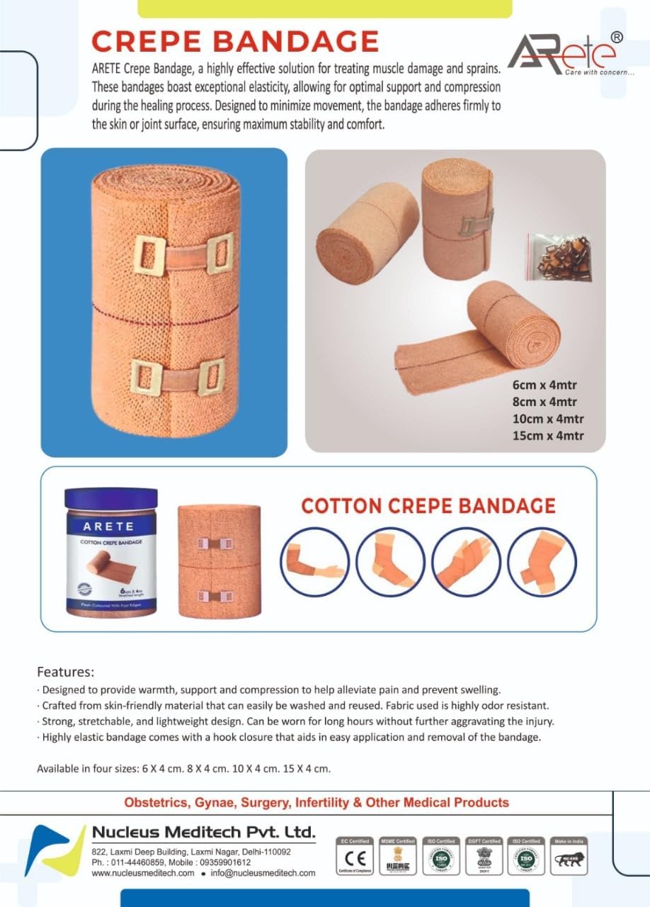 Elastic Bandage with Clips, Crepe Bandage for Ankle, Hand, Elbow and Knee Reusable Pack of 4 (Brown, 10 cm)