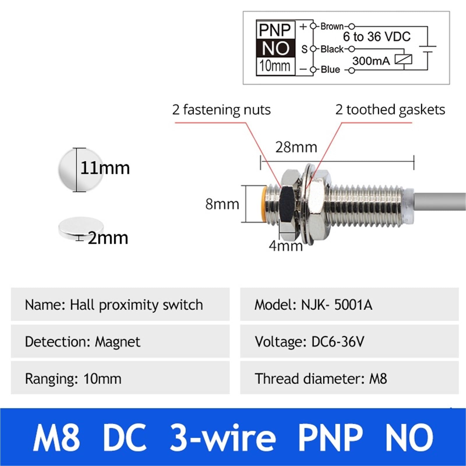 1 pz Interruttore Hall NJK-5002 Sensore di prossimità Polo Magnetico induttivo M8/M12 Normalmente Aperto/Chiuso Effetto 24 v(Njk-5001a)