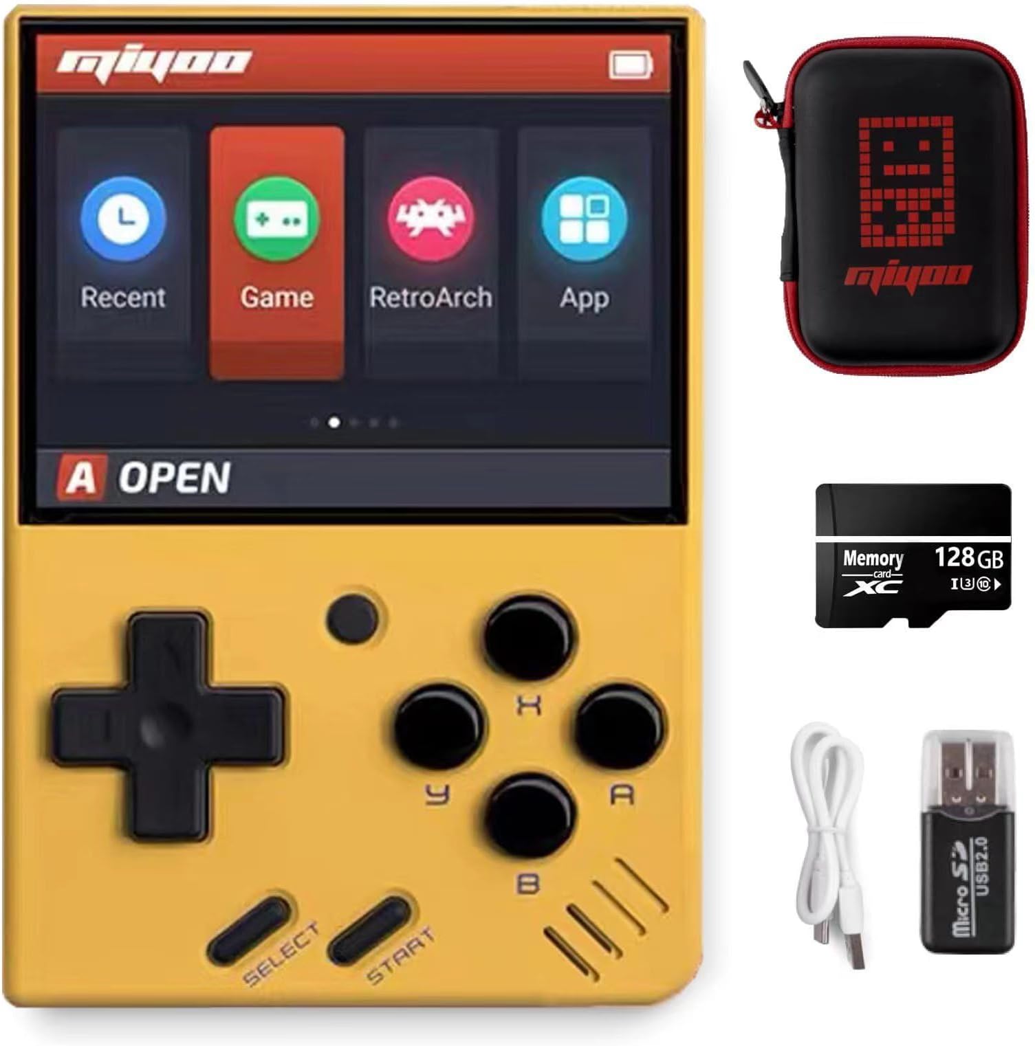 Miyoo Mini V2 Handheld Video Game Console, 2.8 inch IPS Screen Retro Video with 128GB Card & 11000+ Games, Built in Open Source System Portable Retro Game Console (Yellow, 128G)
