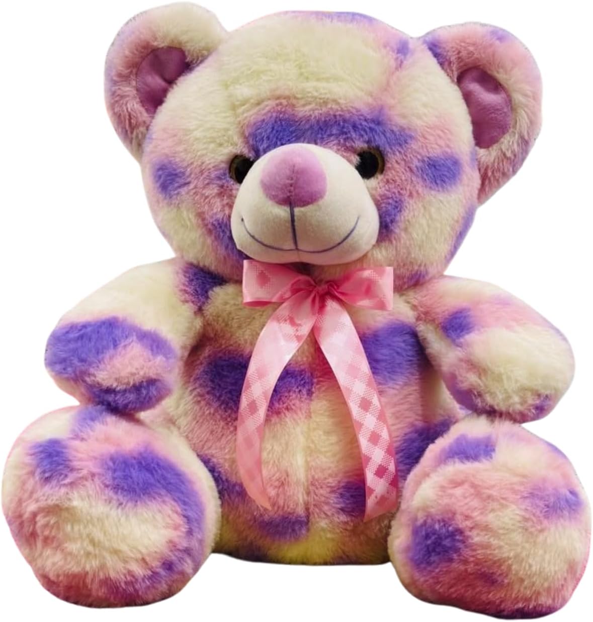 Soft Plush Teddy Bear, Pink and Purple Tie-Dye Pattern, Stuffed Animal with Pink Ribbon Bow, Cuddly Toy for Children, Girls Gift 35 cm