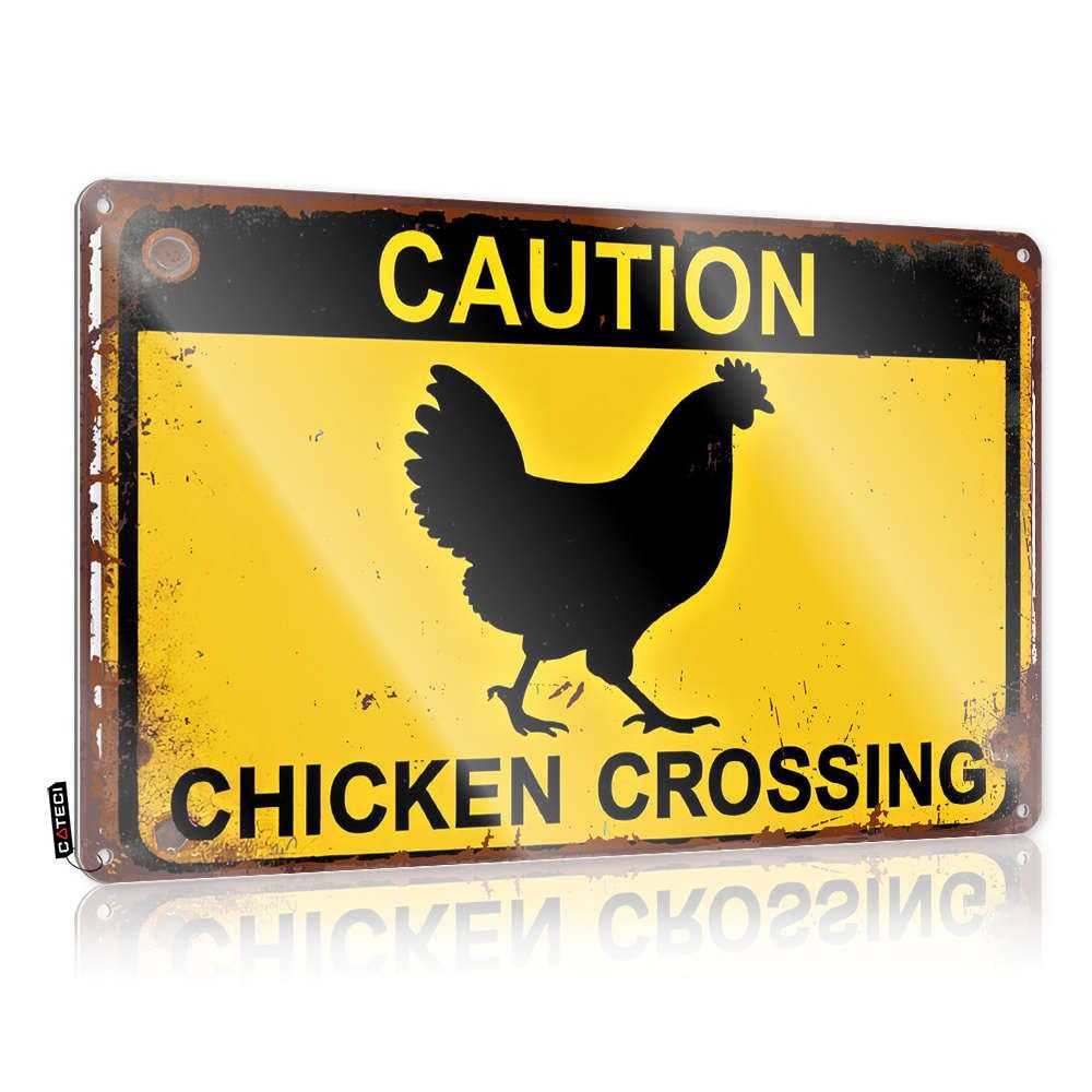 Funny Patio Decor Caution: Chicken Crossing Ahead Tin Sign Funnymetal Sign Man Cave Signs And Decor(30X40CM)