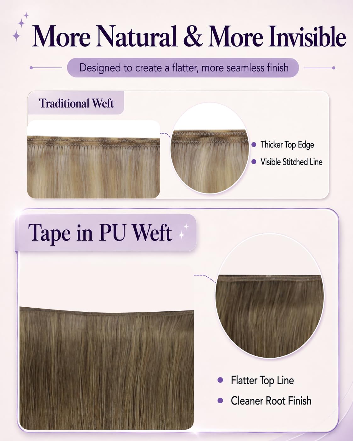 LaaVoo Extension Adhesive Cheveux Naturel Balayage Brun Clair Blanc 40cm