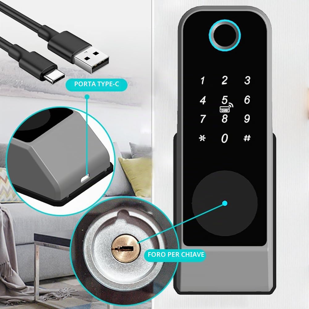 Smart Lock - Serratura per porta con accesso senza chiavi, antifurto, password biometrica, serratura per porta, telecomando app Tuya, annuncio vocale impermeabile, serratura intelligente WiFi per