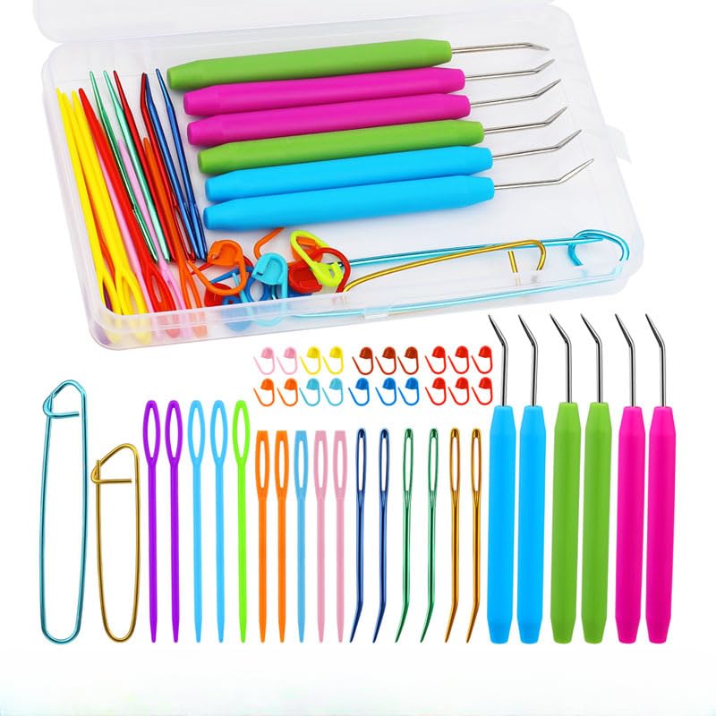 Colorful Knitting Loom Hook Set with Large Eye Bent Tapestry Tools and Marked Handles for DIY Craft Projects 2 Pack