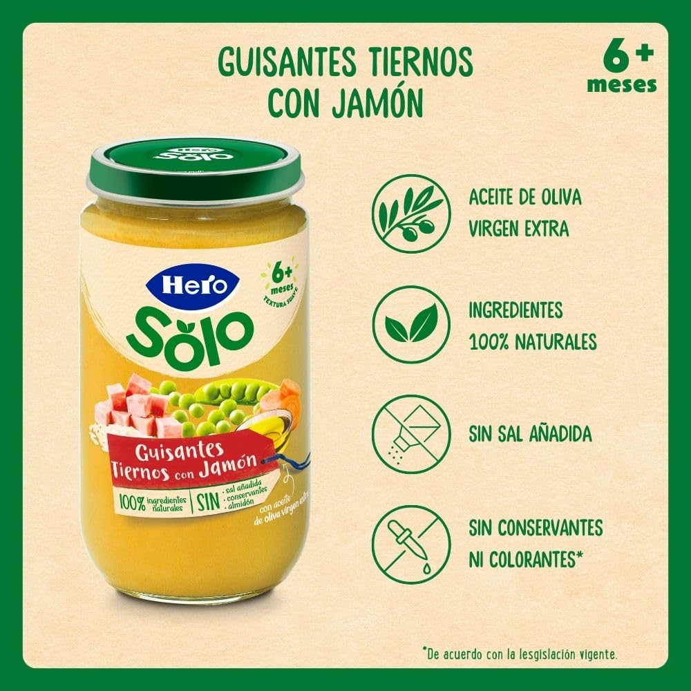 Hero Baby Tarrito Infantil Guisantes Tiernos con Jamón Sin Aceite de Palma 235 g Paquete de 12