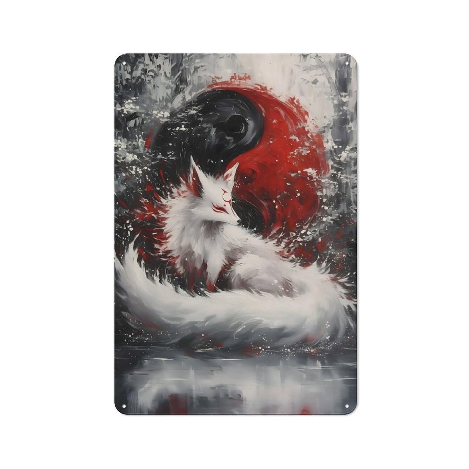 Vintage Tin Sign 30x20cm with Art Fox Yin Yang for Hobby Room Or Studio, for Metal Sign Collectors, for Garage And Workshop Walls