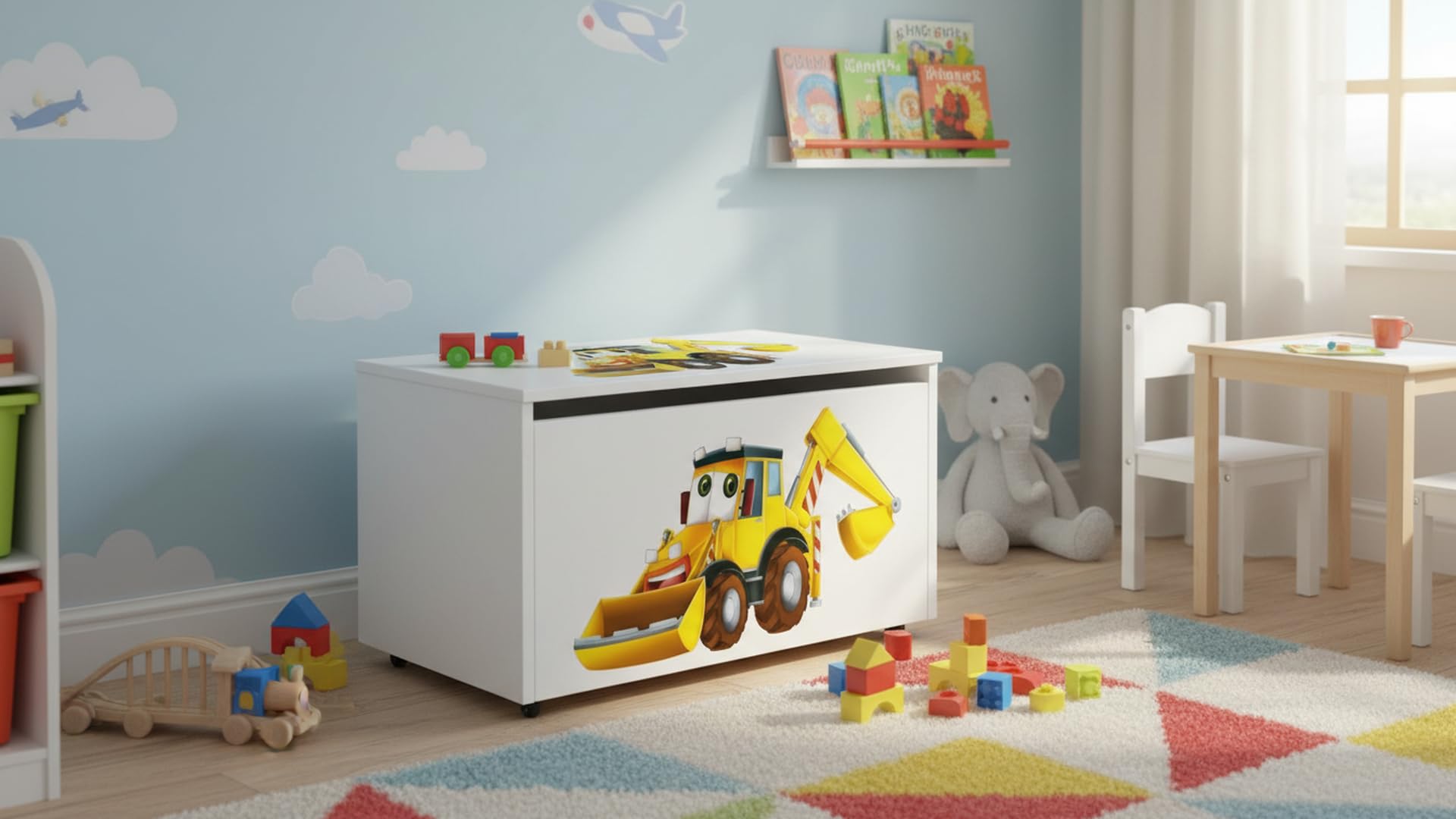Skrzynia na zabawki 2w1 drewniana z siedziskiem na kółkach 91L kufer dla dzieci pojemnik organizer do pokoju dziecka MDF bezpieczne zamykanie kolorowy nadruk 71×40×46 cm (Koparka)