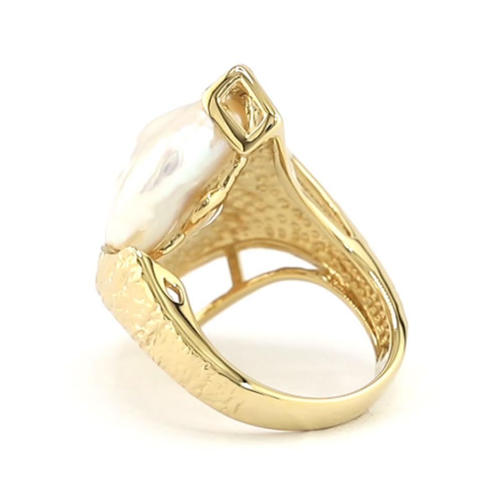 Cavill Weißer Süßwasserzuchtperlen-Ring 925 Sterling Silber vergoldet, moderner Damen Ring mit großer runder fancy Perle, verstellbar Größe 16-21, stilvolles Schmuckstück