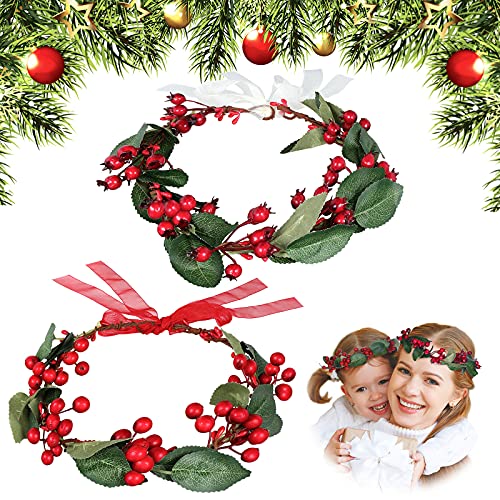 Mtlee 2 Pieces Christmas Flower Crown Nature Berries Christmas Headpiece Vintage Woodland Wedding Wreath Adjustable Red Berries Ribbon Headpiece For Christmas Party Wedding Festival Photo Prop #TOP26
