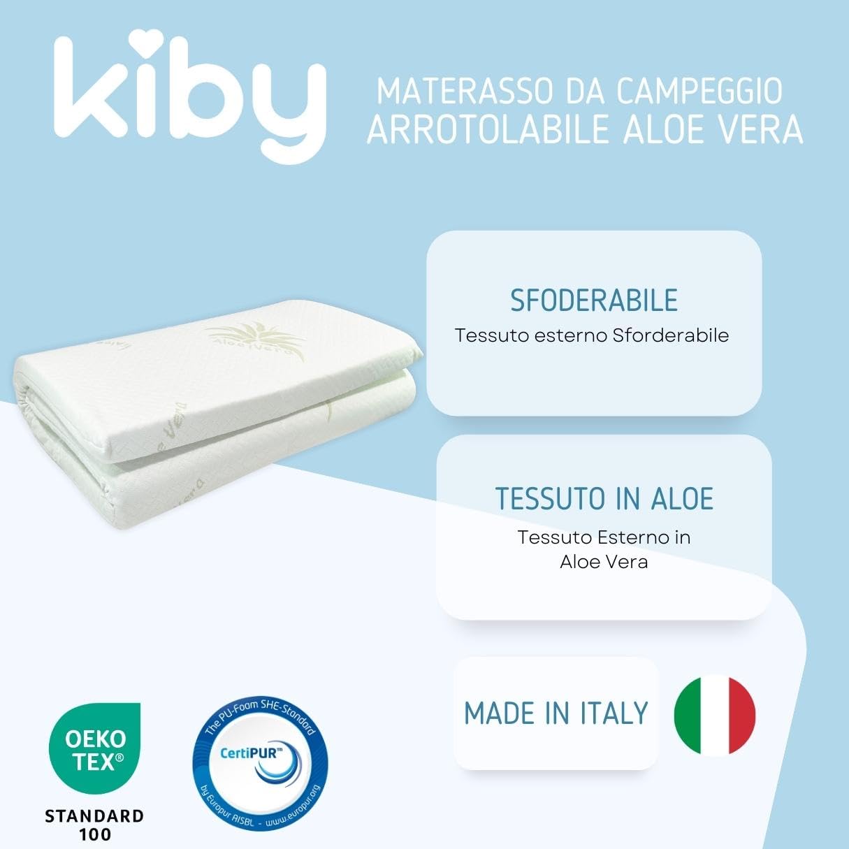 Kiby® Materasso per Lettino da Campeggio (Certificato OEKO-TEX® & CERTIPUR™) in Aloe Vera, Arrotolabile Alto 4 CM