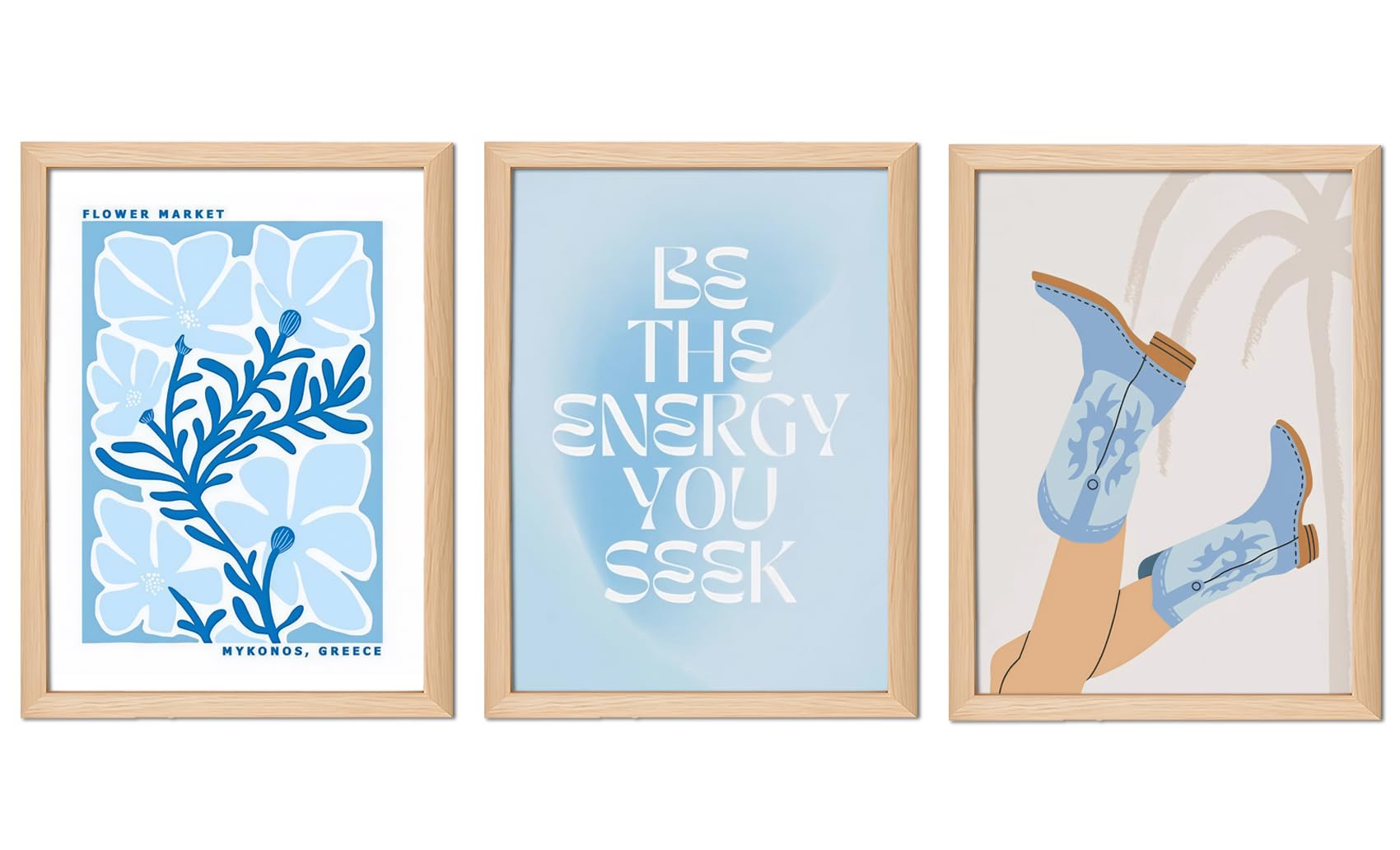 MarllifenneyBlue Preppy Canvas Wall Art Set of 3 Trendy Cowgirl Boots Home Decor Flower Market Posters Prints Coastal Aesthetic Painting Picture for Girls Bedroom Bathroom Living Room Dorm 12x16Inch Wood Framed