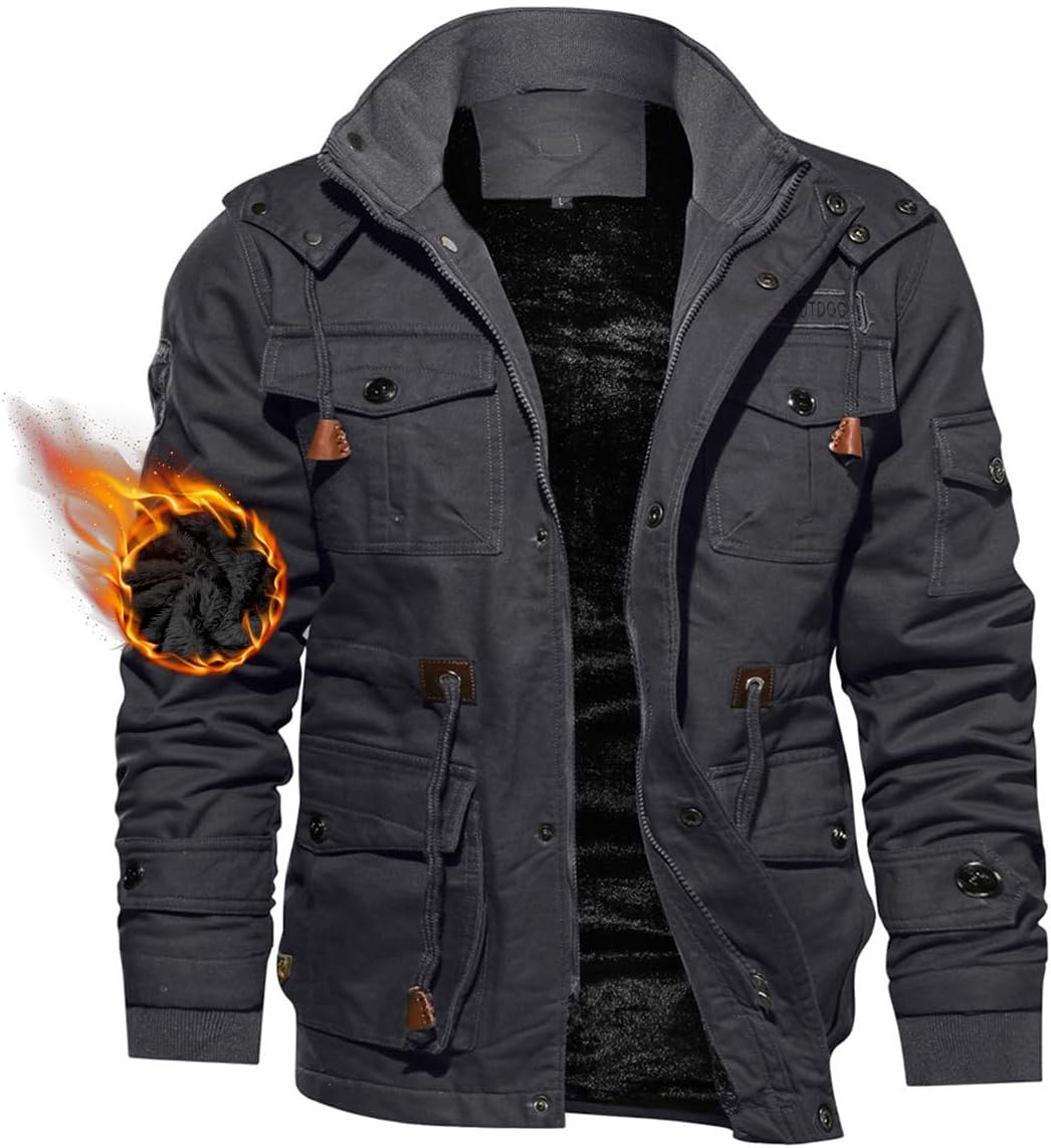 Men's Winter Jacket Cotton Military Jackets Fleece Lined Thick Work Warm Cargo Coats with Hooded