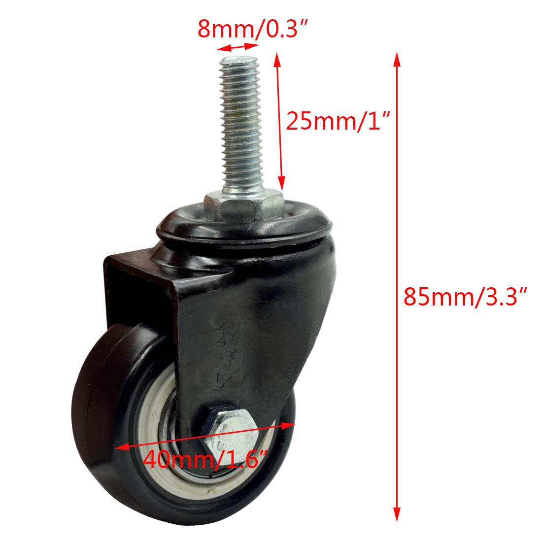 4Pcs 1.5 Inch Heavy Duty Caster Wheels Swivel Casters with M8 Threaded Stem (Without Brake), Loading 50kg/110lbs Black Rubber