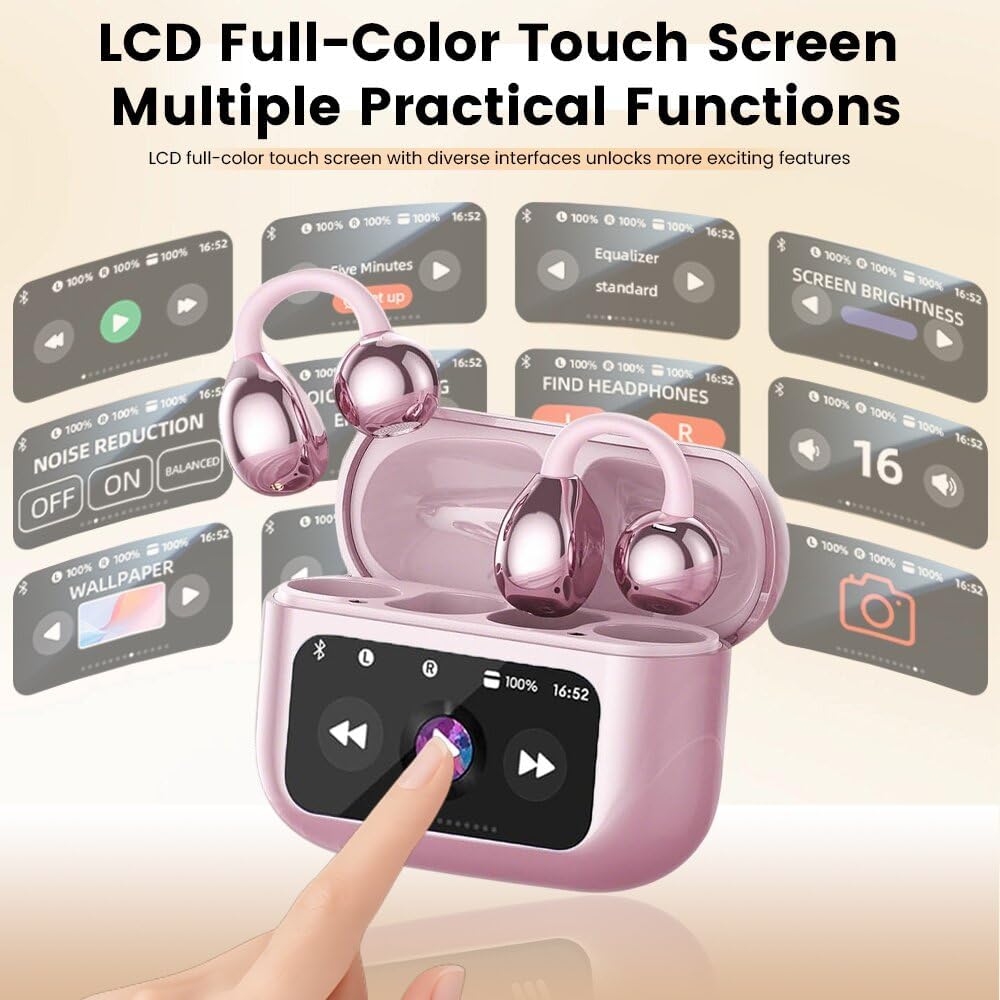 Clip On Ear Headphones, Open Ear Earbuds Wireless Bluetooth 5.4, Clip On Earbuds with LCD Touchscreen, Lightweight Comfort Open Ear Headphones for Pad Tablet Laptop Android/iOS Phones (Pink)
