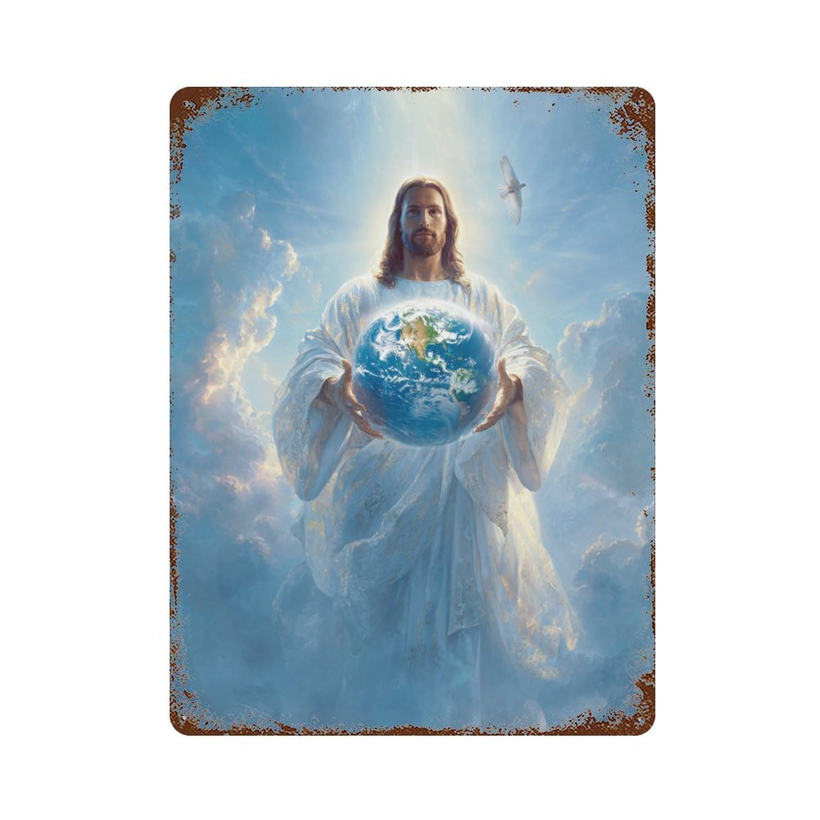 Rusty Metal Tin Sign Jesus Holding Earth Painting 15.7"x11.8", Vintage Wall Decor for Shed, Workshop And Garage Wall Decor