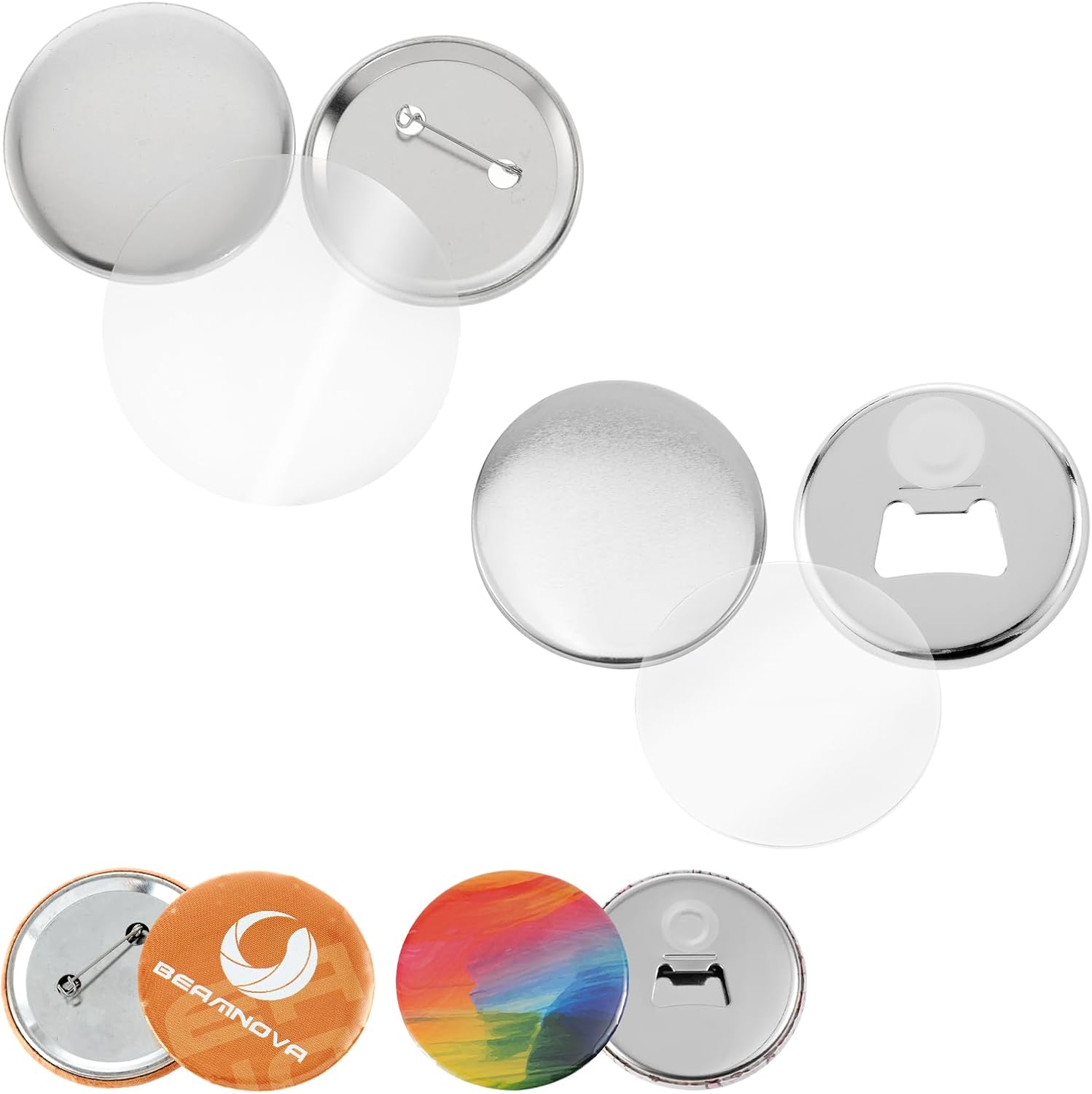 BEAMNOVA 200 Sets of 58mm Metal Button Parts Supplies + 50 Sets of 58mm Fridge Magnet Bottle-Opener for Button Maker Machine Round Pin Maker