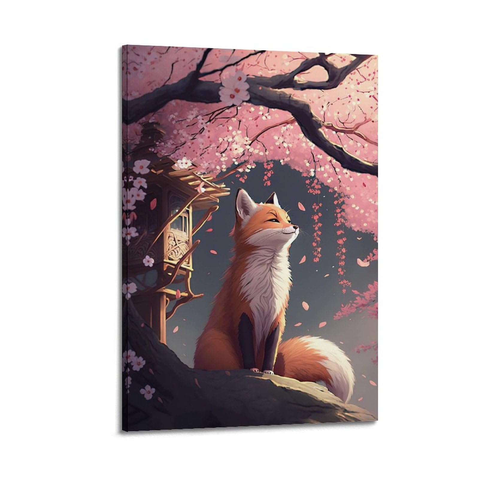 Animal Posters A Gentle Little Fox Looking Out at The Cherry Blossom Tree Poster Decorative Painting Canvas Wall Posters And Art Picture Print Modern Family Bedroom Decor Posters 24x36inch(60x90cm)