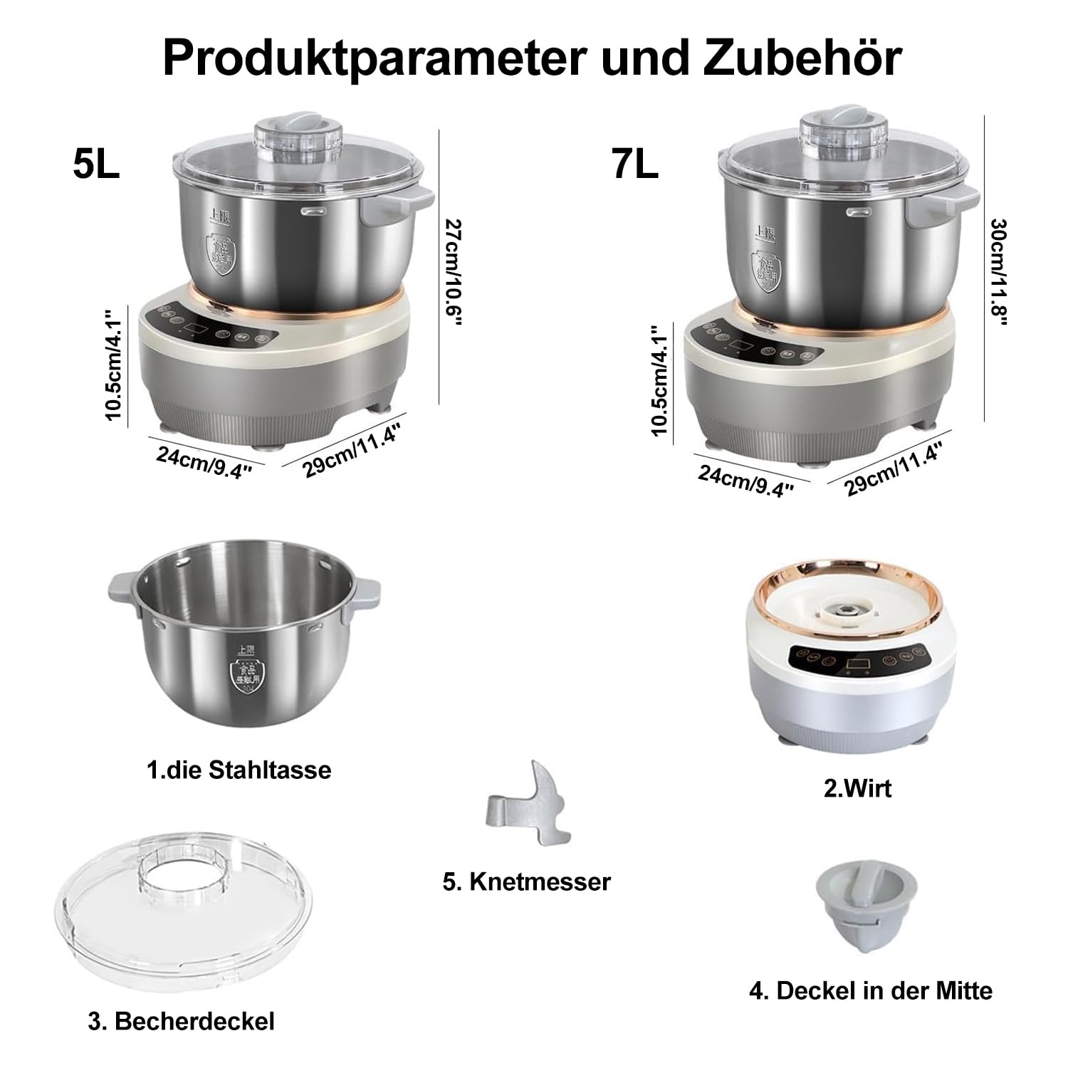 Machine à pétrir en acier inoxydable 5 L avec fonction de fermentation, mélangeur électrique de pétrissage avec minuterie, panneau tactile pour la cuisson à la maison