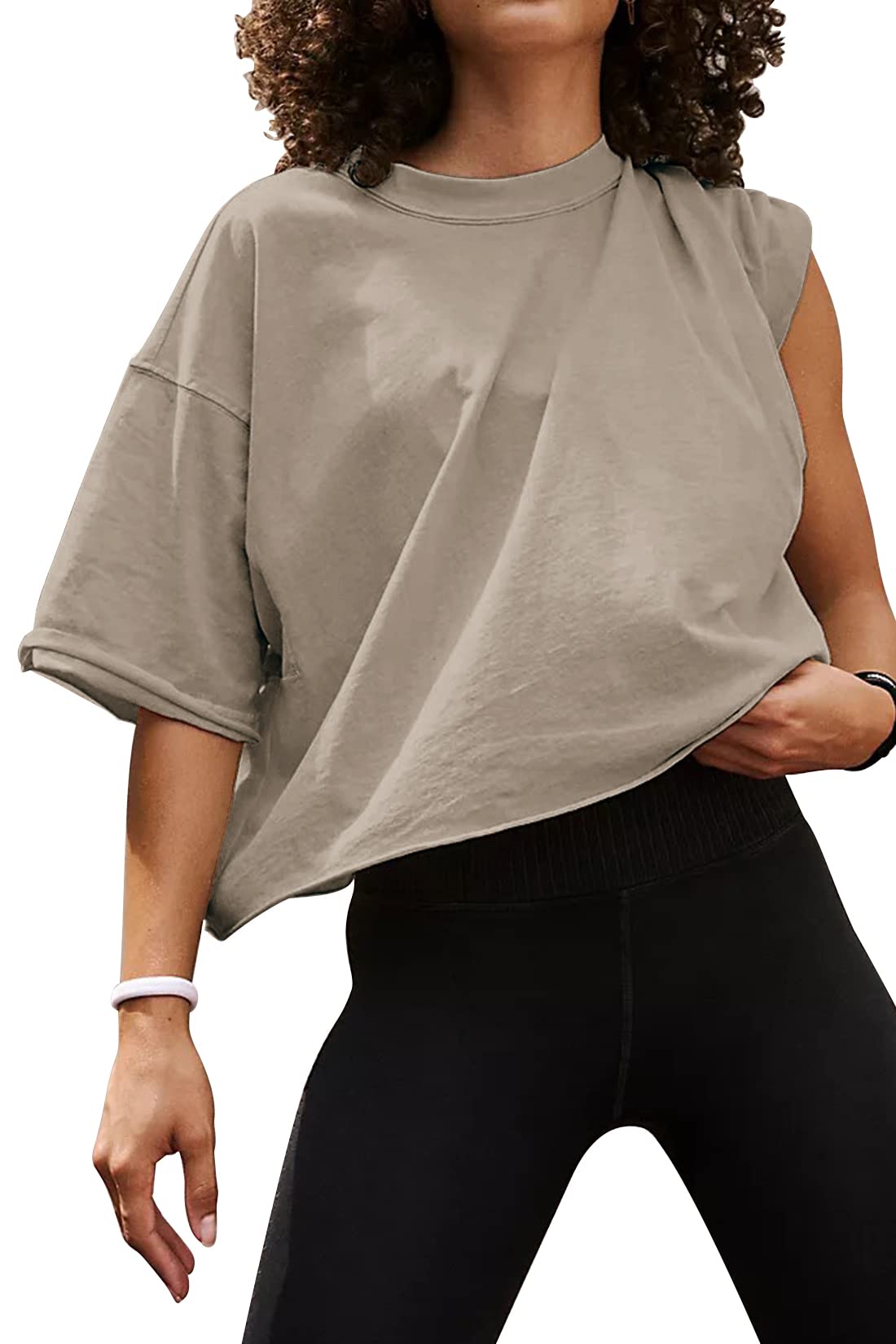 Women's Oversize Workout Crop Tops Casual Short Sleeve Drop Shoulder Boxy T-Shirts Roll Hem Basic Loose Yoga Running Tees