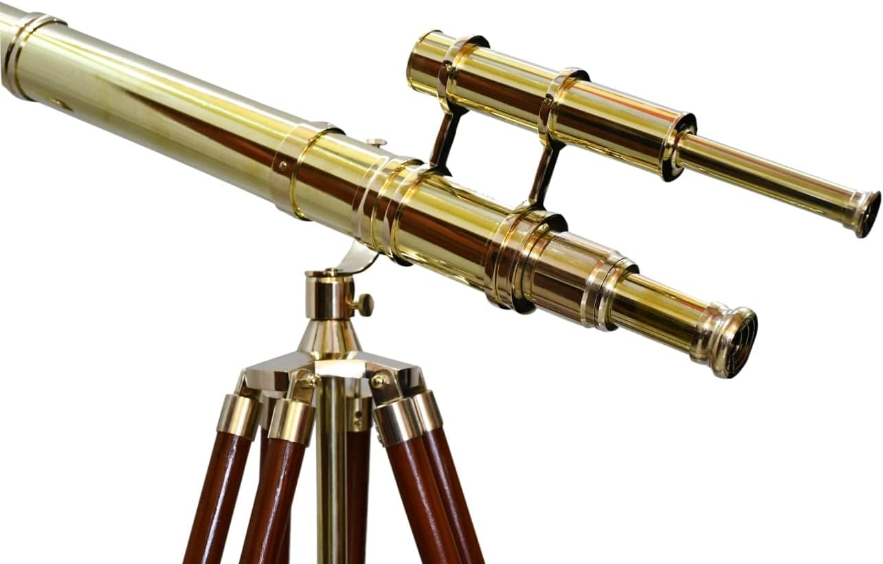 Royal Vinatge Nautical Floor Standing Brass Telescope Double Barrel W/Brown Wooden Tripod Stand Home Decor Griffith Scope Maritime 60" Removable Cap