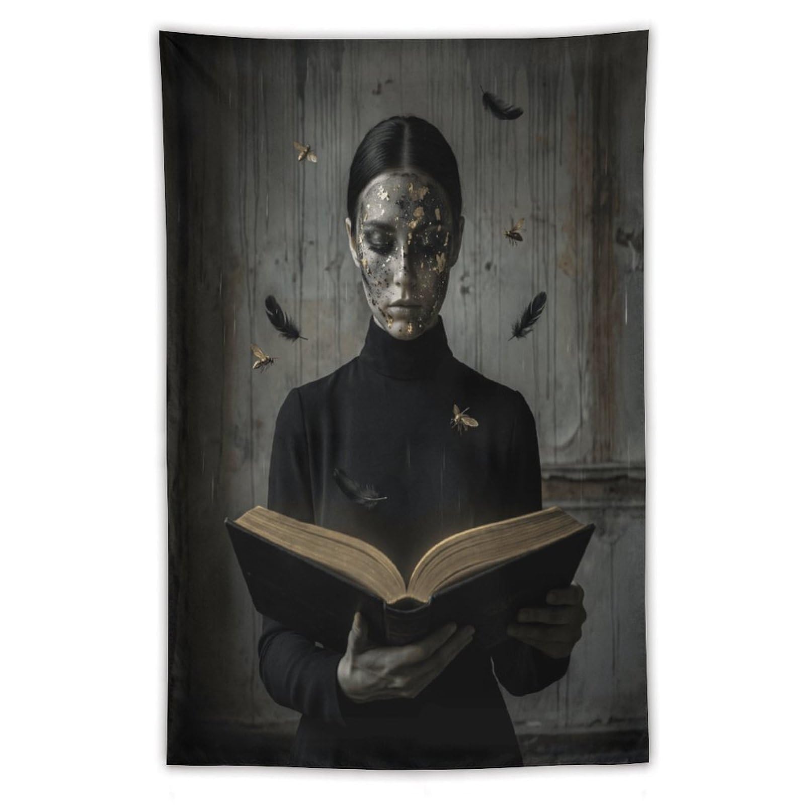 H3B8U2Y5 Silver Mask Reader Wall Tapestry, Detailed Illustration
