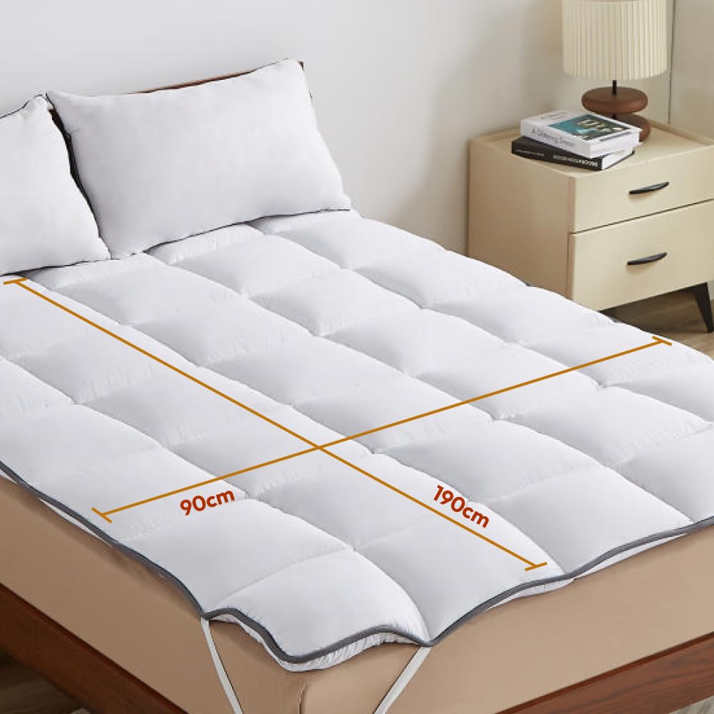 CASABEL Topper Colchón 90x190 cm, 600gsm, Extra Grueso y Suave Topper 90x190 con Microfibra Transpirable, Diseño Acolchado, 4 Correas Elásticas