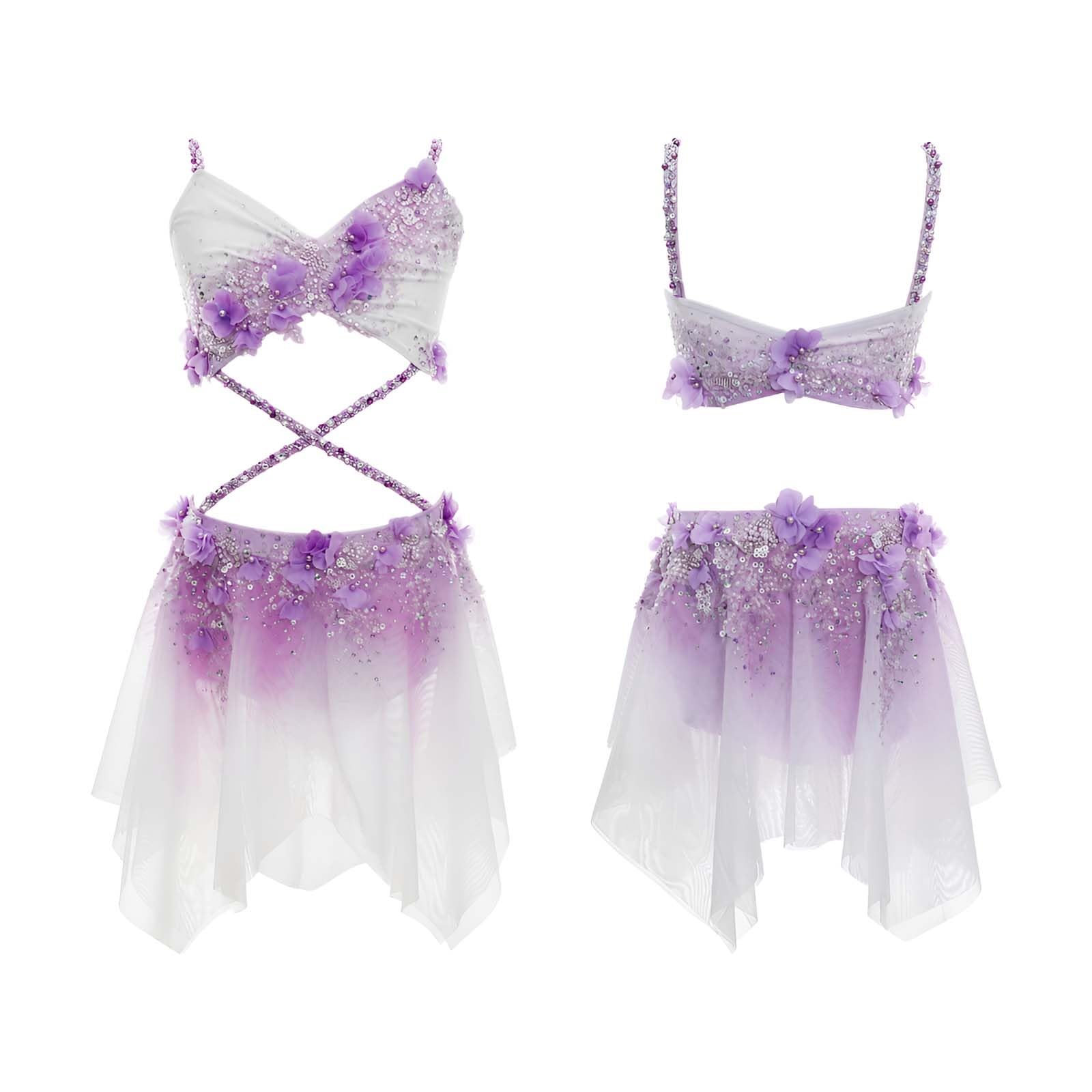 Strój do Tańca Lirycznego Damski Dwuczęściowy z Kwiatami na Pokaz | Strój do Tańca Nowoczesnego, Elastyczny Spandex z Kryształkami i Kwiatami 3D, Krzyżowane Paski w Talii z Szyfonem