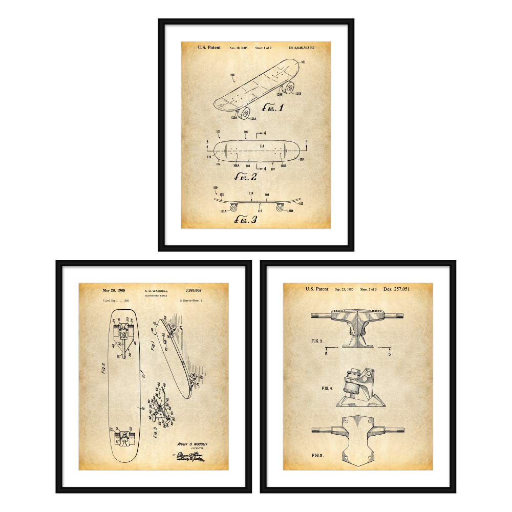 Bestbuddy Pet 8X10 Unframed Skateboard Art Patent Posters Series Set of 3 Skateboard Deck Boys Room Decor Skateboard Decor Teen Boy Gift N044