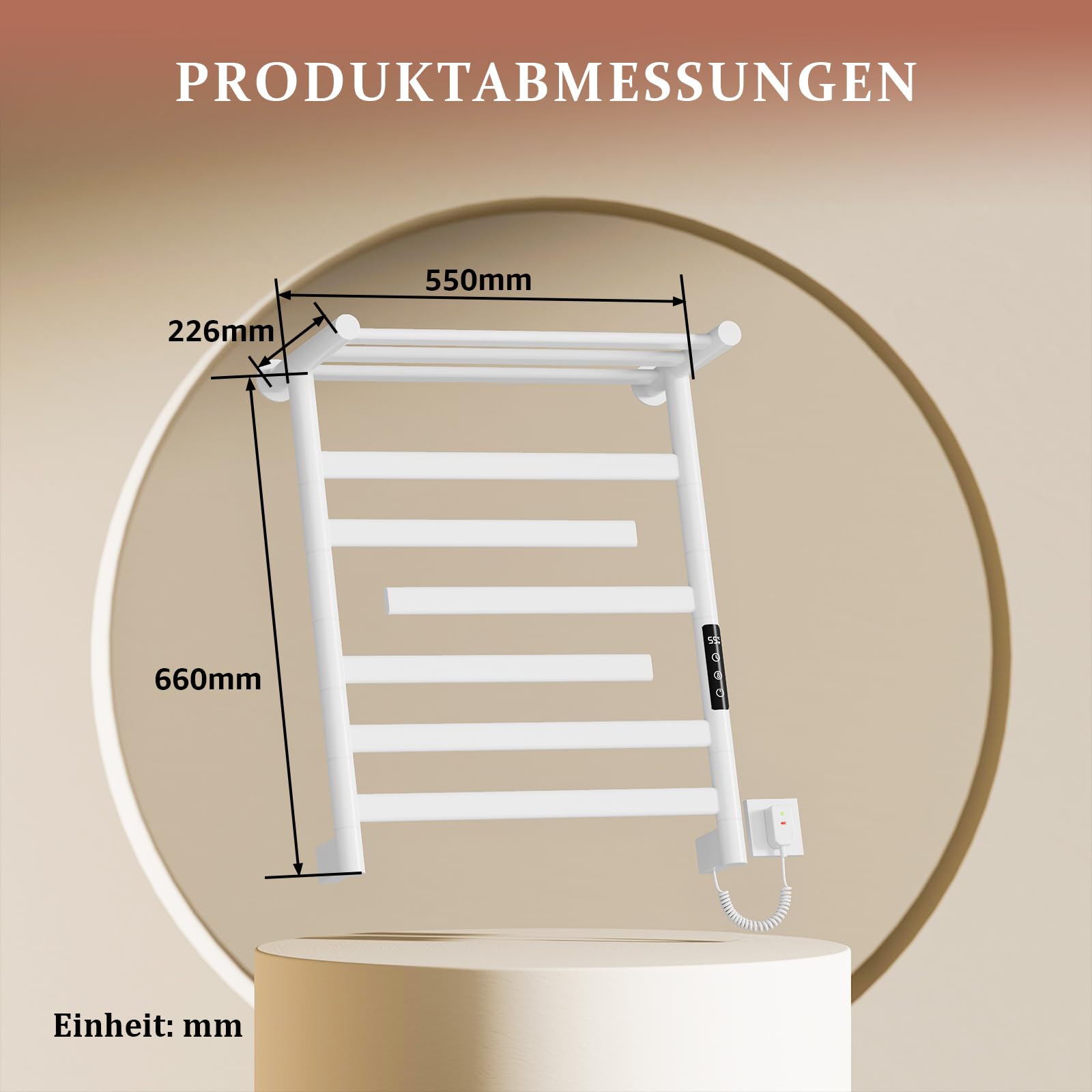 Handtuchheizkörper Elektrisch 180° Drehung 66 x 55cm, 360 W, Badheizkörper Weiß mit Digitaler Bildschirm, Handtuchtrockner Elektrisch mit Timer Und Thermostat 30-70℃, Lagerregal, IPX4