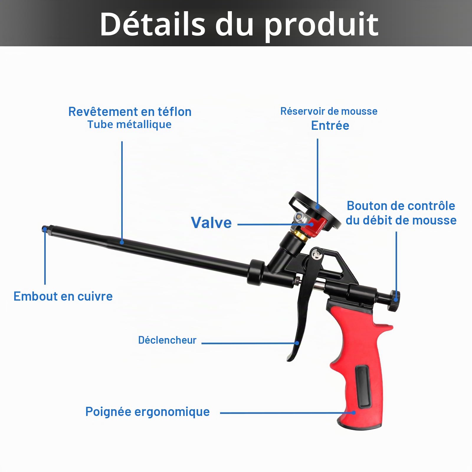 Lot de 2 Pistolets à Mousse Polyuréthane avec Valve - Pas besoin de Nettoyant - Pistolet Doseur en Métal avec Poignée Ergonomique en Plastique - Pour Bricoleurs et Professionnels - Rouge