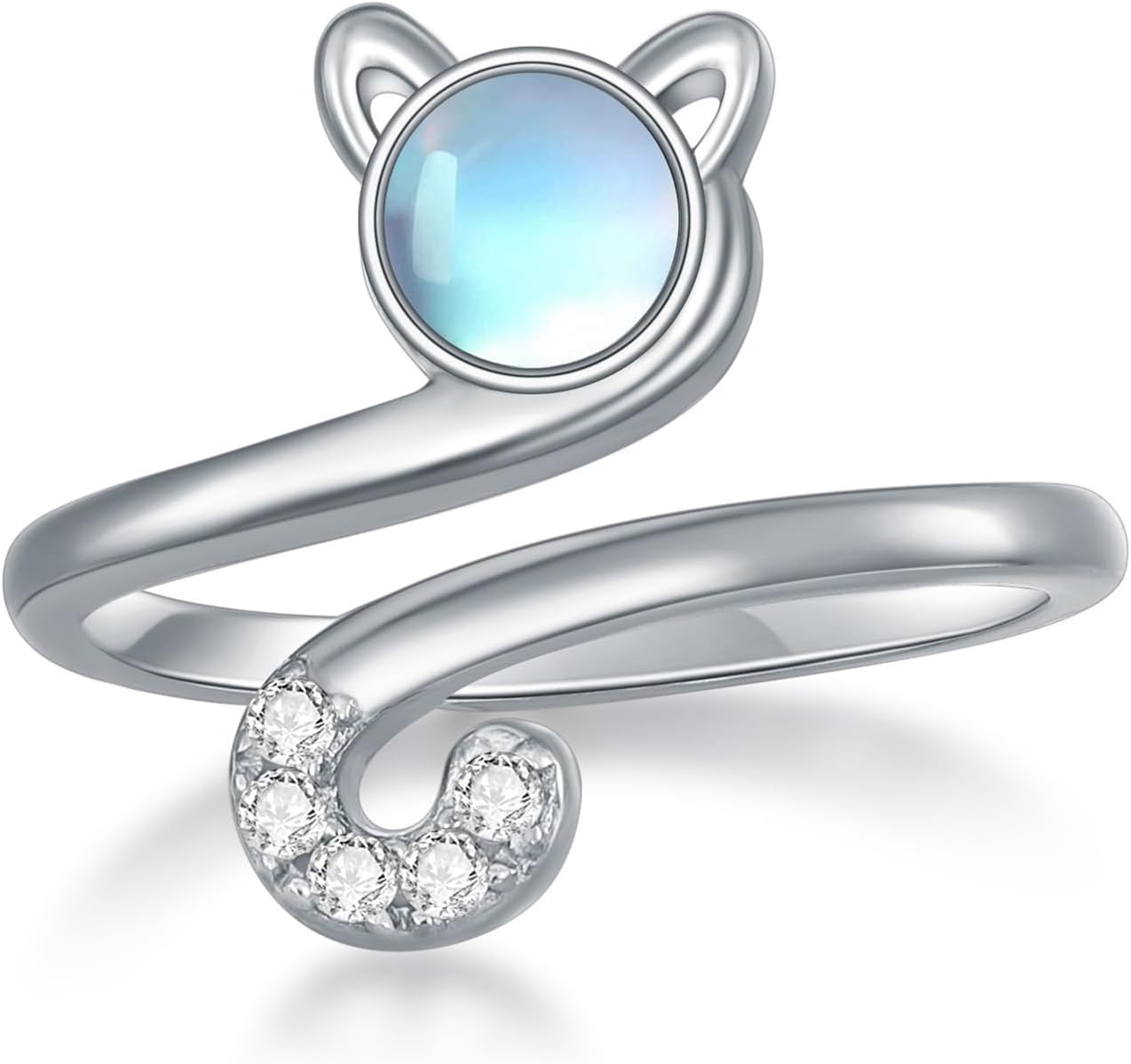 Cat Adjustable Ring with Moonstone for Women 925 Sterling Silver Cute Cat Animal Open Rings Birthday Jewelry Gifts for Her