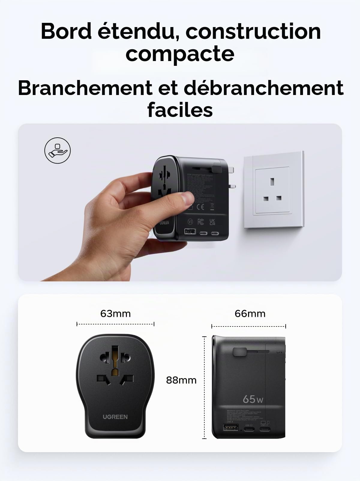 UGREEN 65W Adaptateur Prise Universelle Voyage avec 2 USB C 1 USB A 1 Prise