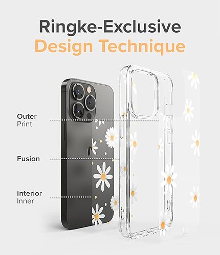 Miniatura 3 de Ringke Fusion Design - Funda compatible con iPhone 13 Pro Max, parte trasera dura transparente con panel de diseño floral para niñas y mujeres, a