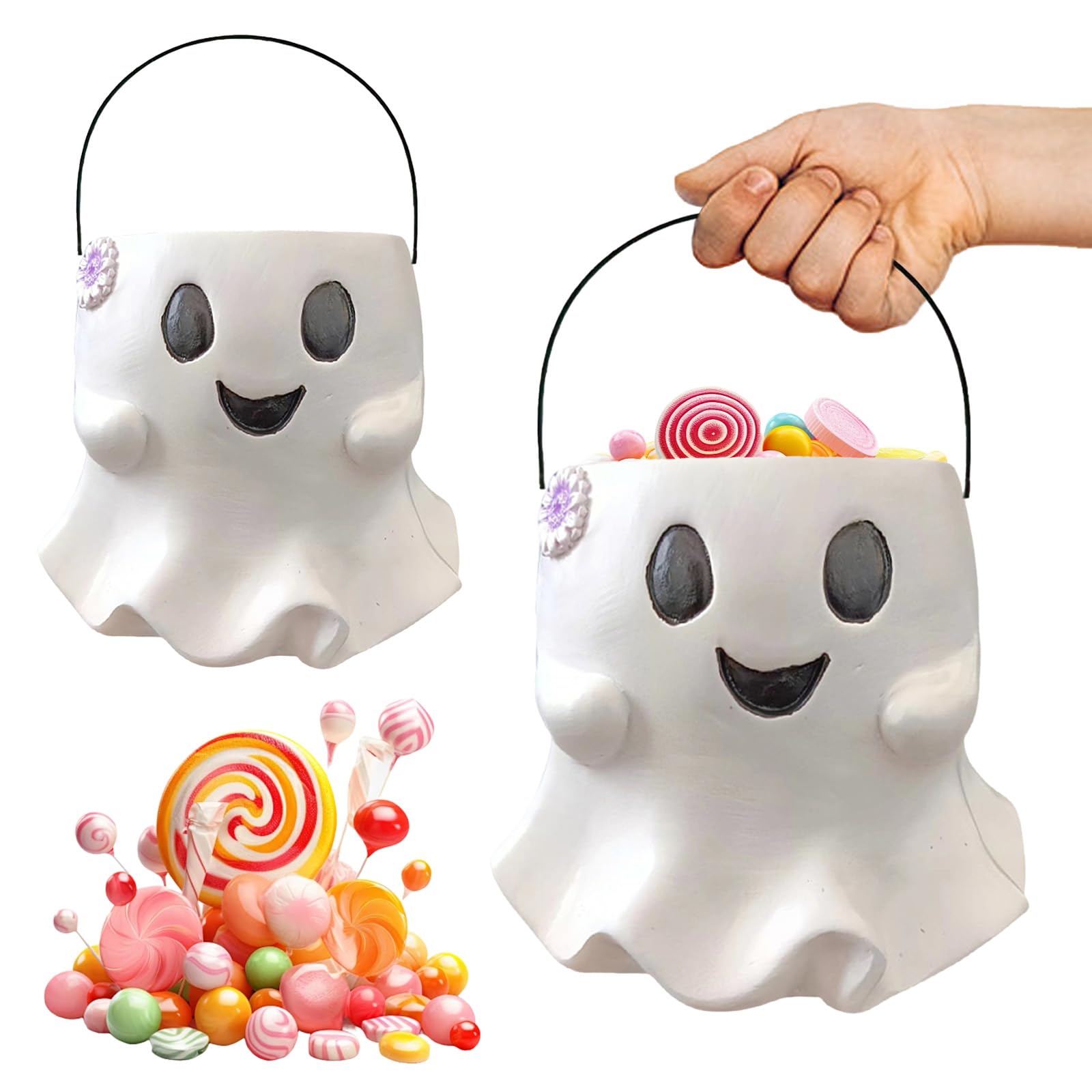 Kobona Girls White Halloween Ghost Candy Bucket Cute Ghosts Halloweens Candy Bowl Bucket Resin Ghosts Vase For Trick Or Treat Halloween Party Supplies