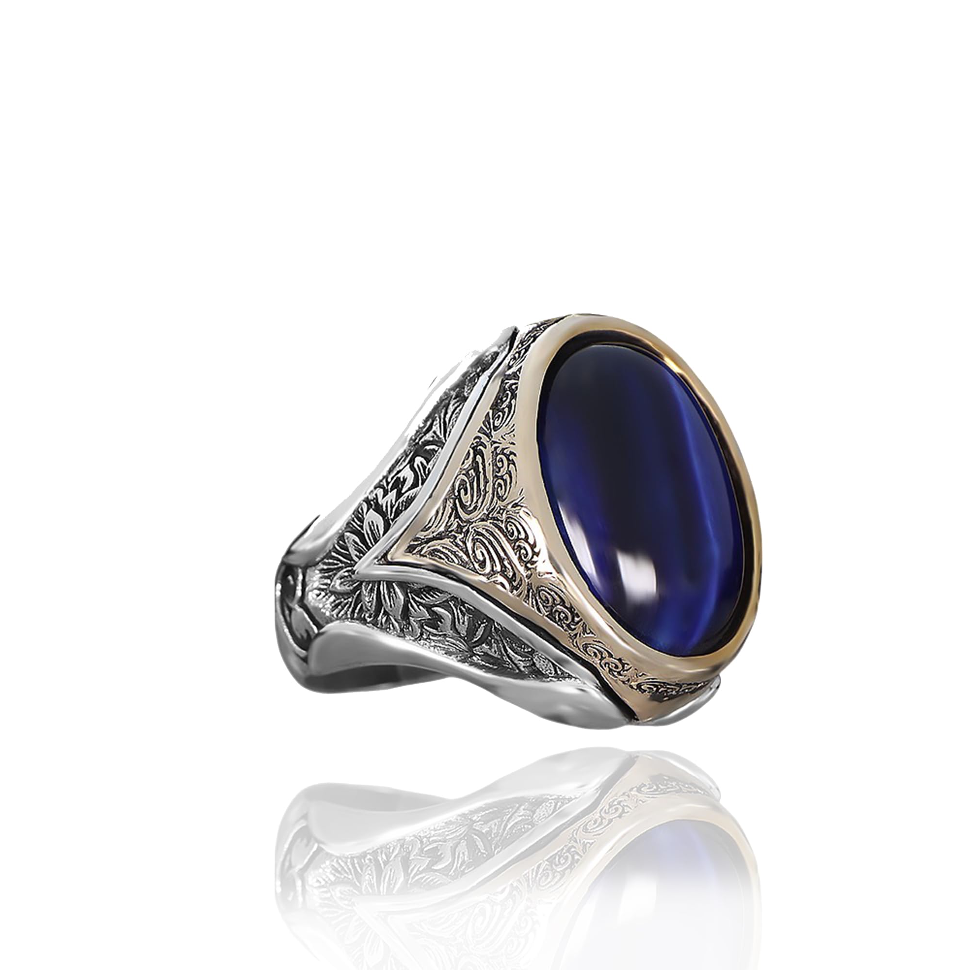 Men's Sterling Silver Ring with Blue Tiger Eye Gemstone – Round Cut Polished Stone – Handmade Two-Tone Ring with Floral Engraving – Vintage Style Turkish Jewelry