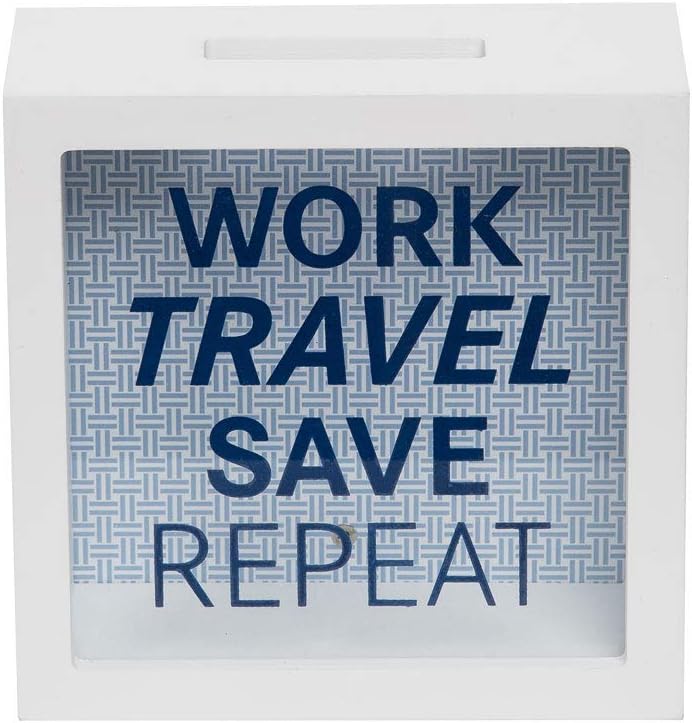 Foreside Home & Garden Work Travel Save Repeat Wooden Piggy Bank, White