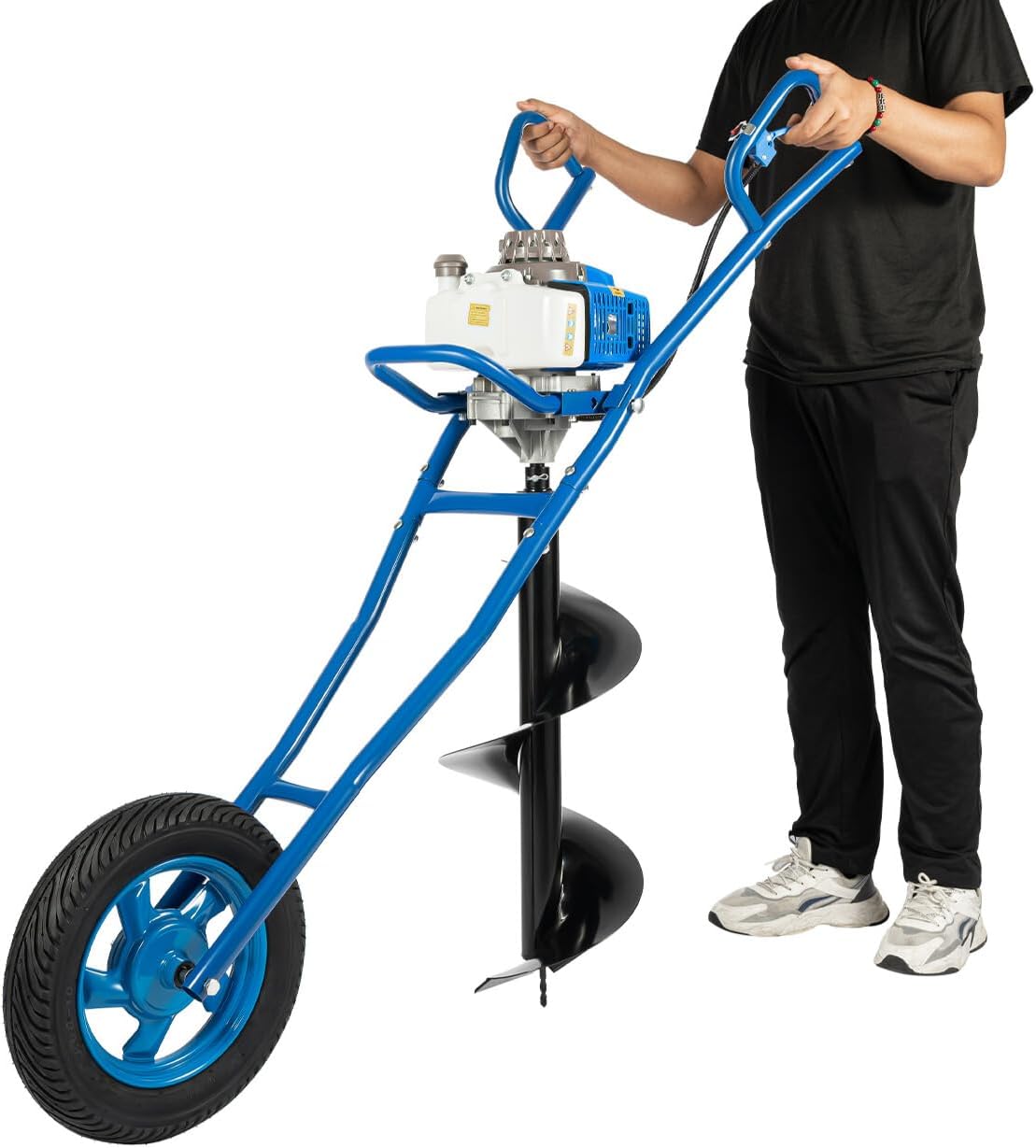 63CC Post Hole Digger Gas Powered 2.2kw Gasoline Gas Auger Post Hole Digger Wheelbarrow Earth Auger Borer Ground Drill w/ 11" Bit for Fence Ground Drill Garden Tree Planting (Blue)