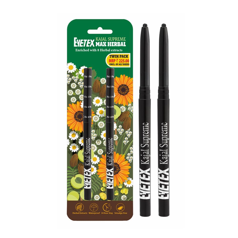 Eyetex Kajal Supreme Twin Max Herbal, 0.7g, Matte Black, Water-resistant, Up to 8-hrs Stay, Irritation-free, With Natural ...