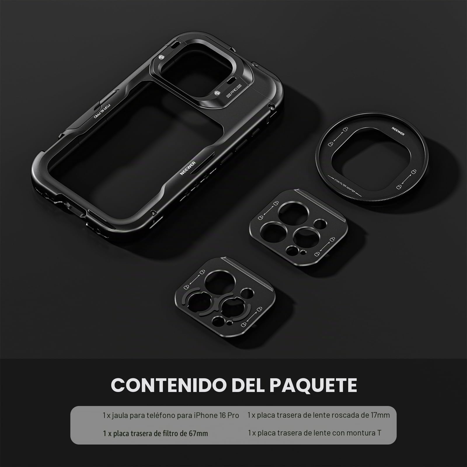 NEEWER 16 Pro Cage, estabilizador Video de teléfono Compatible con iPhone 16 Pro con Adaptador Filtro 67mm, Backplate de Lente 17 mm, Adaptador Objetivo de Montura T Compatible con Moment, PA073