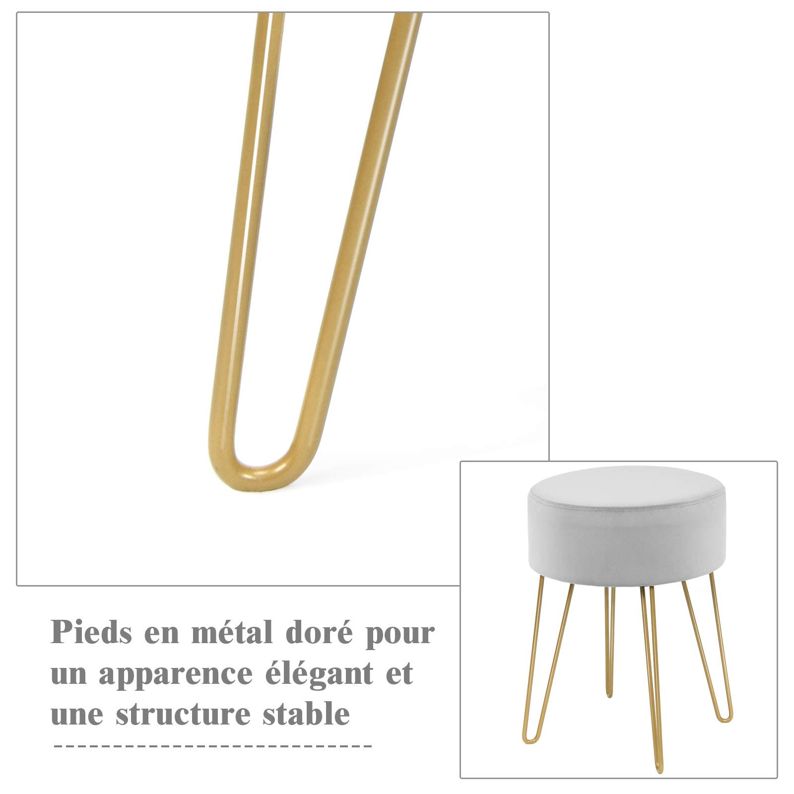 COSTWAY Siège de Coiffeuse Rembourré, Pouf Repose-Pieds Moderne Rond, Tabouret en Velours avec Pieds Métalliques Robustes, pour Salon, Chambre (Gris)