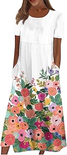 Dresses for Women 2025 Pocket Printed Maxi Dress Pleated Round Neck Dresses Short Sleeve Casual Long Dress