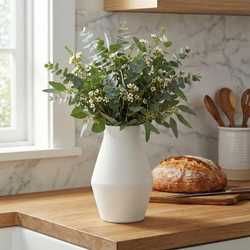 White Ceramic Vase - Boho Pottery Vases for Flowers, Rustic Farmhouse Vase for Pampas Grass, Office Coffee Table Decor Living Room Shelf Bathroom Decor 10 Inch - Image 6