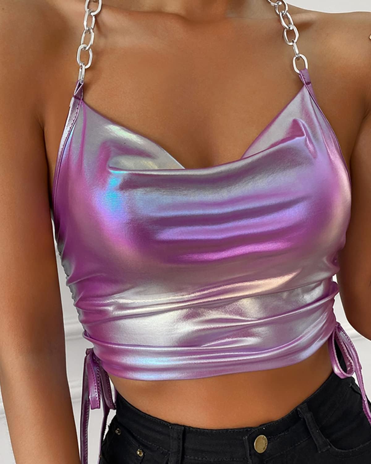 Womens Sexy Adjustable Metallic Chain Halter Cami Crop Tops Sleeveless Cowl Neck Bralette Club Vests - Image 5