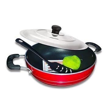 PANBERRY Nonstick Aluminium Gas Compatible Deep Fry Kadai/Wok 24 cm with Stainless Steel Lid, Capacity 2.5 Litre with Free Spatula