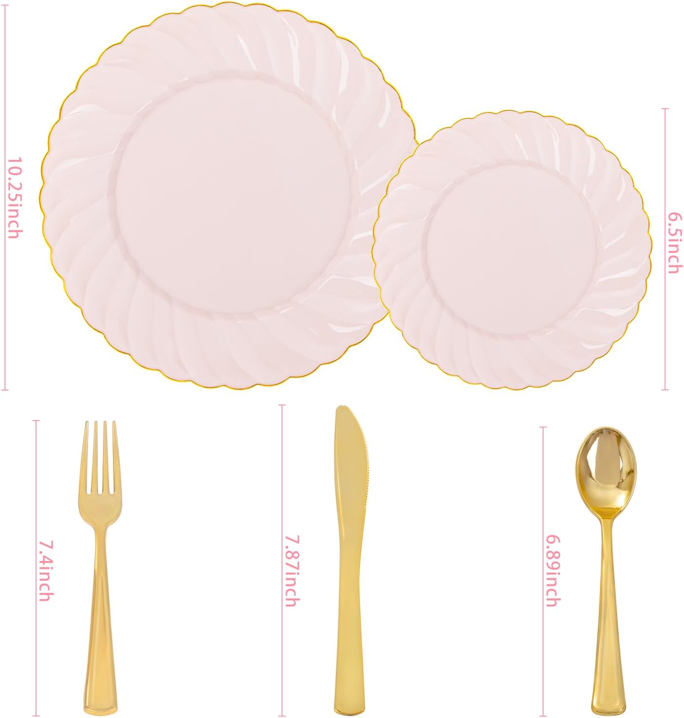 youbet 125pcs pink plastic plates with gold rim - scalloped plastic plates set includes 25 dinner, 25 dessert plate, 75 gold silverware for 25geusts for wedding birthday parties baby shower valentines