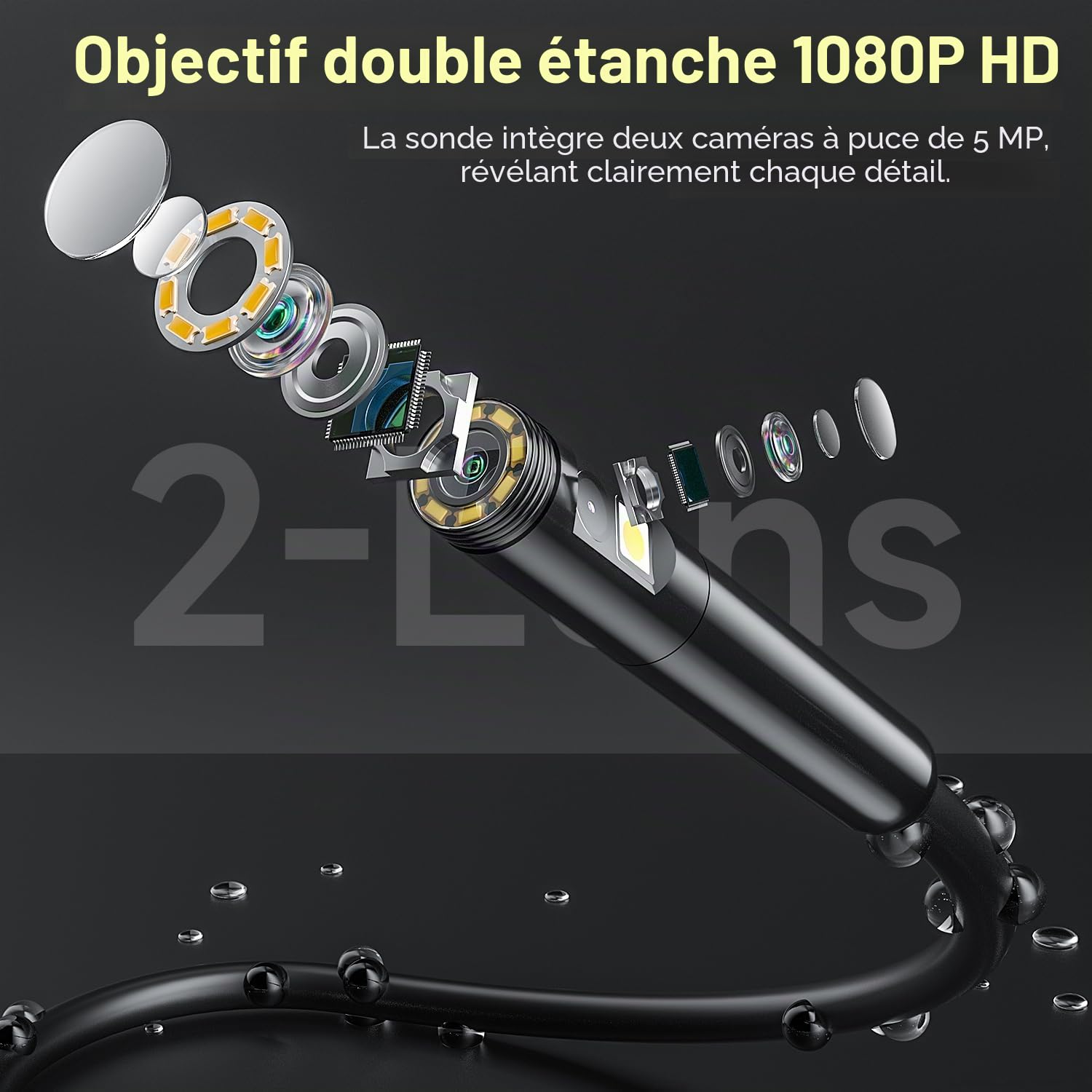 Caméra Endoscopique Manuelle à Double Objectif, écran IPS de 5,0" Endoscope, caméra d'inspection Industrielle HD 1080p avec 8 LED, sonde endoscopique étanche IP67 avec câble de 5 m