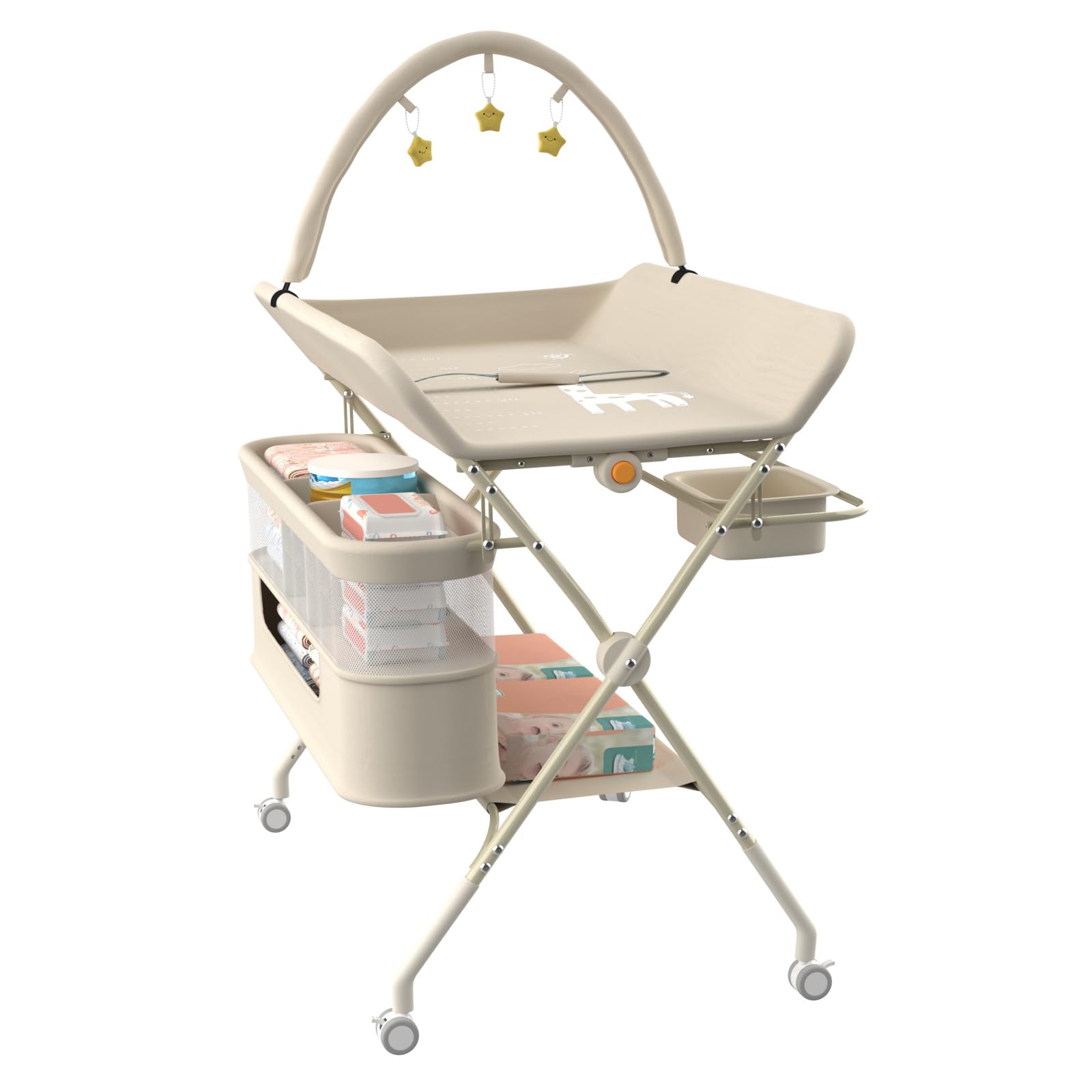 Cambiador de bebé plegable y ajustable en altura, Hasta 25 Kg, 0-36 Meses, Organizador de Pañales, Ruedas 360º con Freno, Arnés y Valla de Seguridad, Funda Lavable, 75 * 68 * 83-91 cm (B) Blanco roto