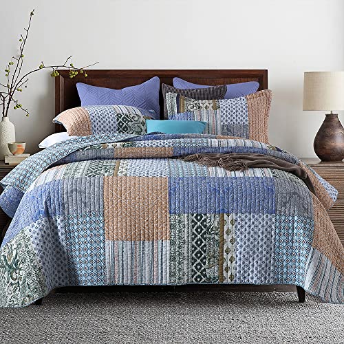 Colcha de algodón King para dormitorios bohemios con colcha azul reversible 2