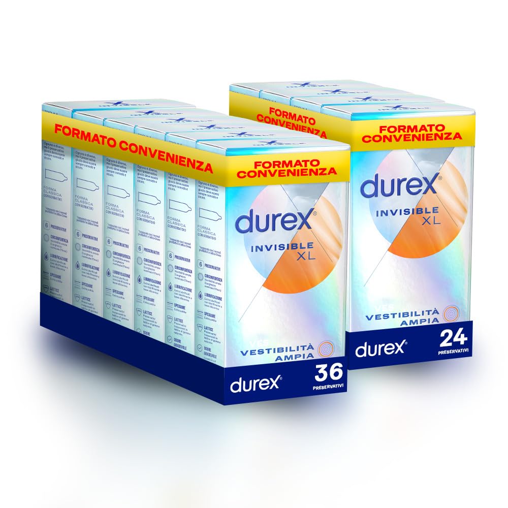 Durex Invisible XL, Preservativi Ultra Sottili e Extra-Large, 60 Preservativi, 10 confezioni da 6 Profilattici