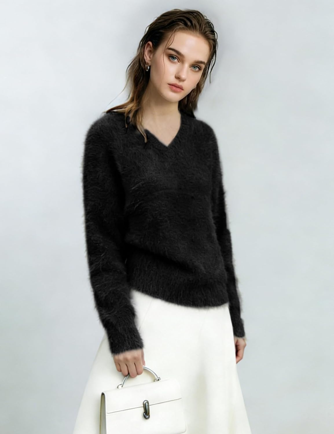 Yimoon Fuzzy Sweater for Women V Neck Long Sleeve Soft Chunky Pullover Sweater Loose Slouchy Fluffy Jumper Top - Image 5
